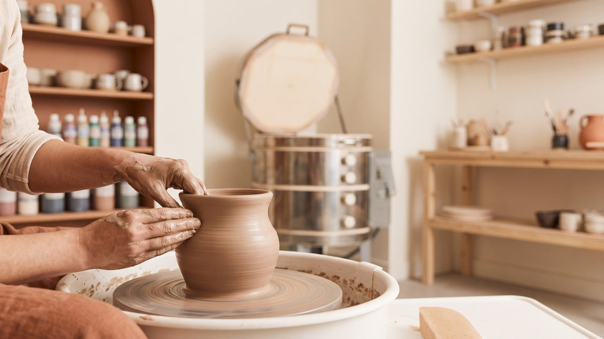 Potter throwing clay with studio kiln behind